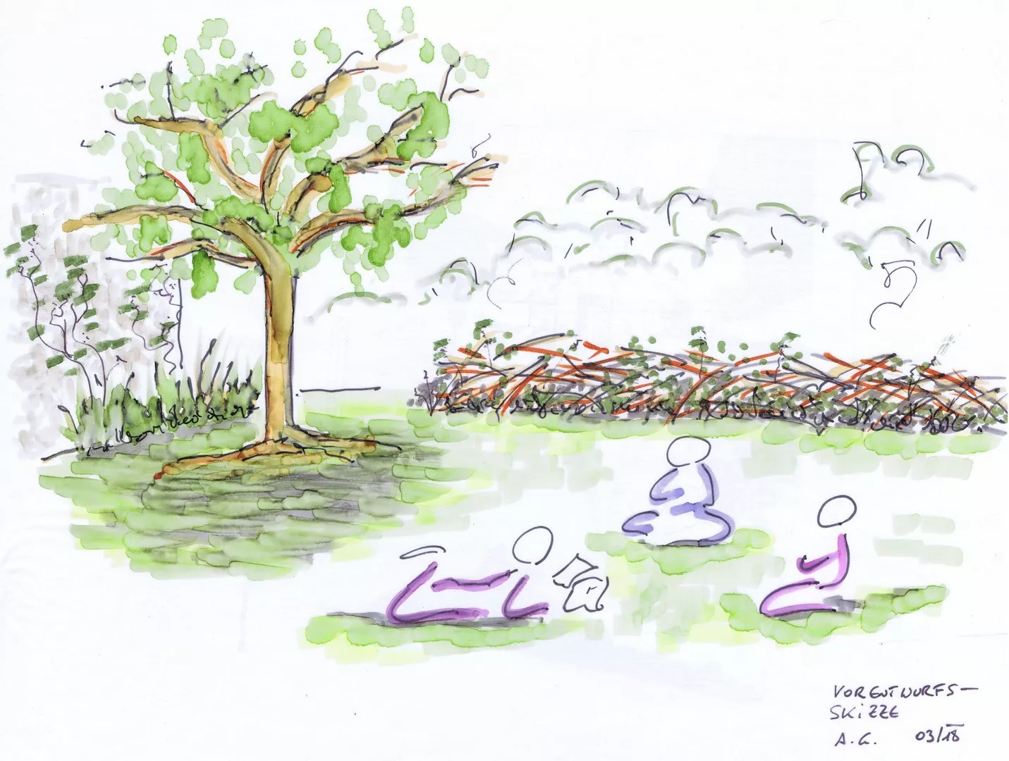 Handgezeichnete Konzeptskizze einer naturnahen Grünfläche mit großem Baum, Sträuchern und einer Totholzhecke im Hintergrund. Im Vordergrund sitzen mehrere Personen entspannt auf einer Wiese, eine Person liest. Die Szene zeigt eine ruhige, natürliche Aufen