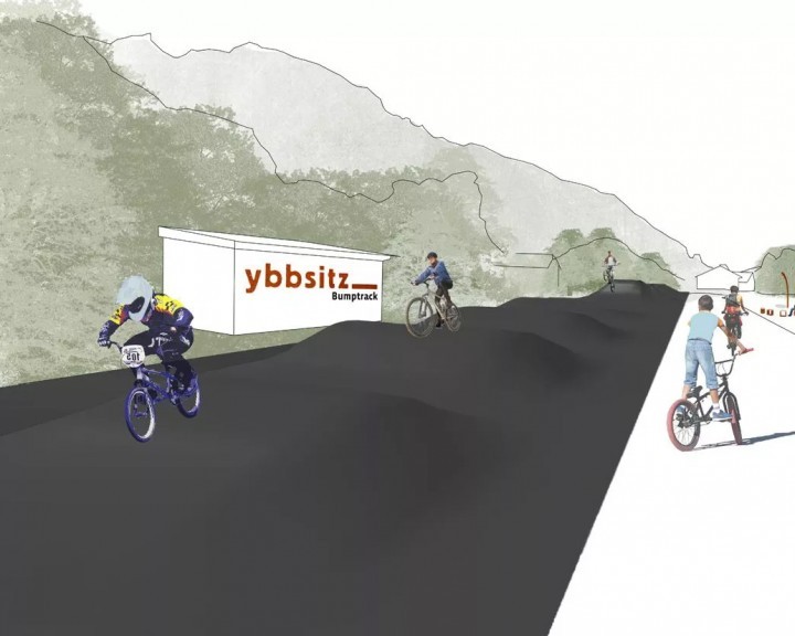 Visualisierte Planung des kleinen Ybbstalradwegs in Ybbsitz mit Darstellung der Umgebung und vorgesehenen Radwegstruktur