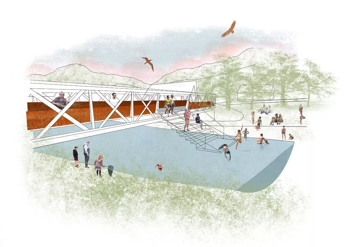 Visualisierte Planung des kleinen Ybbstalradwegs in Ybbsitz mit Darstellung der Umgebung und vorgesehenen Radwegstruktur