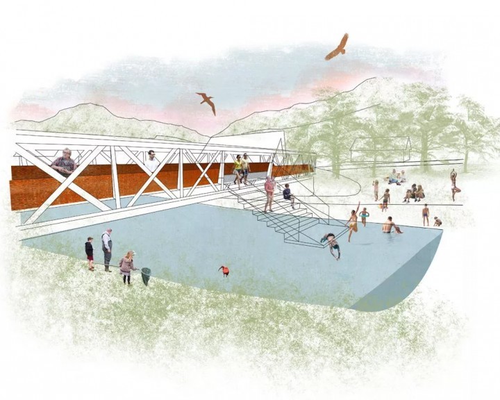 Visualisierte Planung des kleinen Ybbstalradwegs in Ybbsitz mit Darstellung der Umgebung und vorgesehenen Radwegstruktur