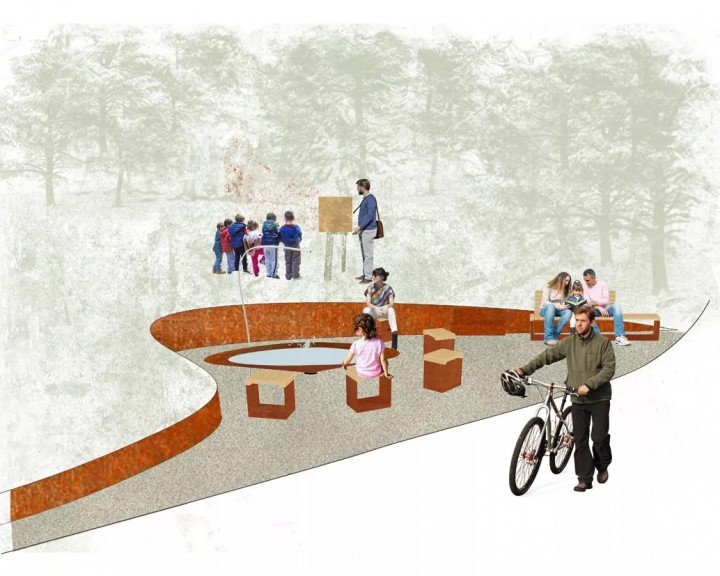 Visualisierte Planung des kleinen Ybbstalradwegs in Ybbsitz mit Darstellung der Rastplatz und vorgesehenen Radwegstruktur
