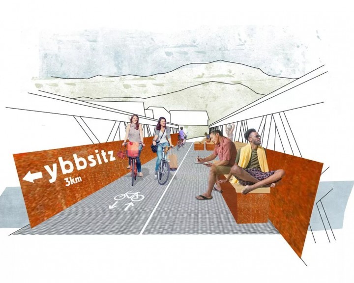 Visualisierte Planung des kleinen Ybbstalradwegs in Ybbsitz mit Darstellung der BRücke und vorgesehenen Radwegstruktur