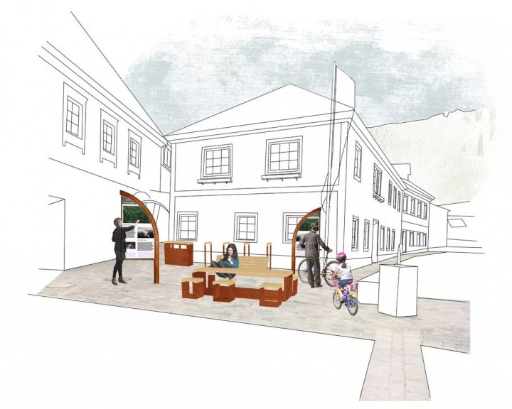 Visualisierte Planung des kleinen Ybbstalradwegs in Ybbsitz mit Darstellung der Umgebung und vorgesehenen Radwegstruktur