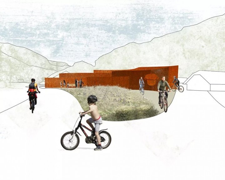 Visualisierte Planung des kleinen Ybbstalradwegs in Ybbsitz mit Darstellung der Umgebung und vorgesehenen Radwegstruktur