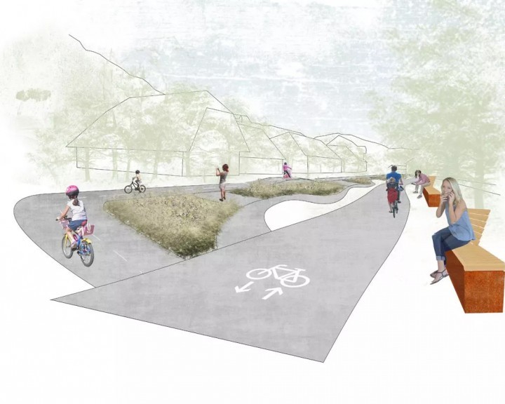 Visualisierte Planung des kleinen Ybbstalradwegs in Ybbsitz mit Darstellung der Umgebung und vorgesehenen Radwegstruktur