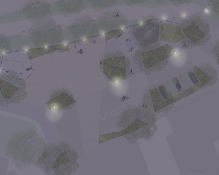 Szenario Nacht Dorfplatz Dorfstetten Grünes Überdachtes Zentrum 