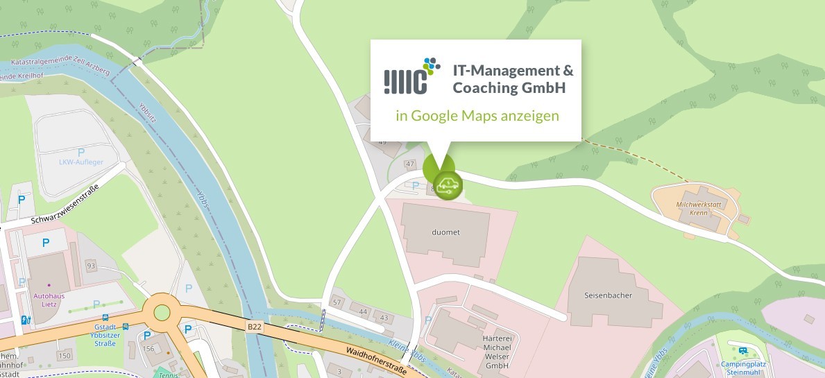 https://www.google.at/maps/place/IT-Management+%26+Coaching+GmbH/@47.9536788,14.5151715,10z/data=!4m7!3m6!1s0x477230574a429a47:0xacda05d1fd7f7d43!8m2!3d47.9456518!4d14.8254346!15sCgNpbWNaBSIDaW1jkgEQY29tcHV0ZXJfc2VydmljZZoBJENoZERTVWhOTUc5blMwVkpRMEZuU1VNMk56ZHVibTVCUlJBQuABAA!16s%2Fg%2F1tjdvqm9?coh=164777&entry=tt&shorturl=1
