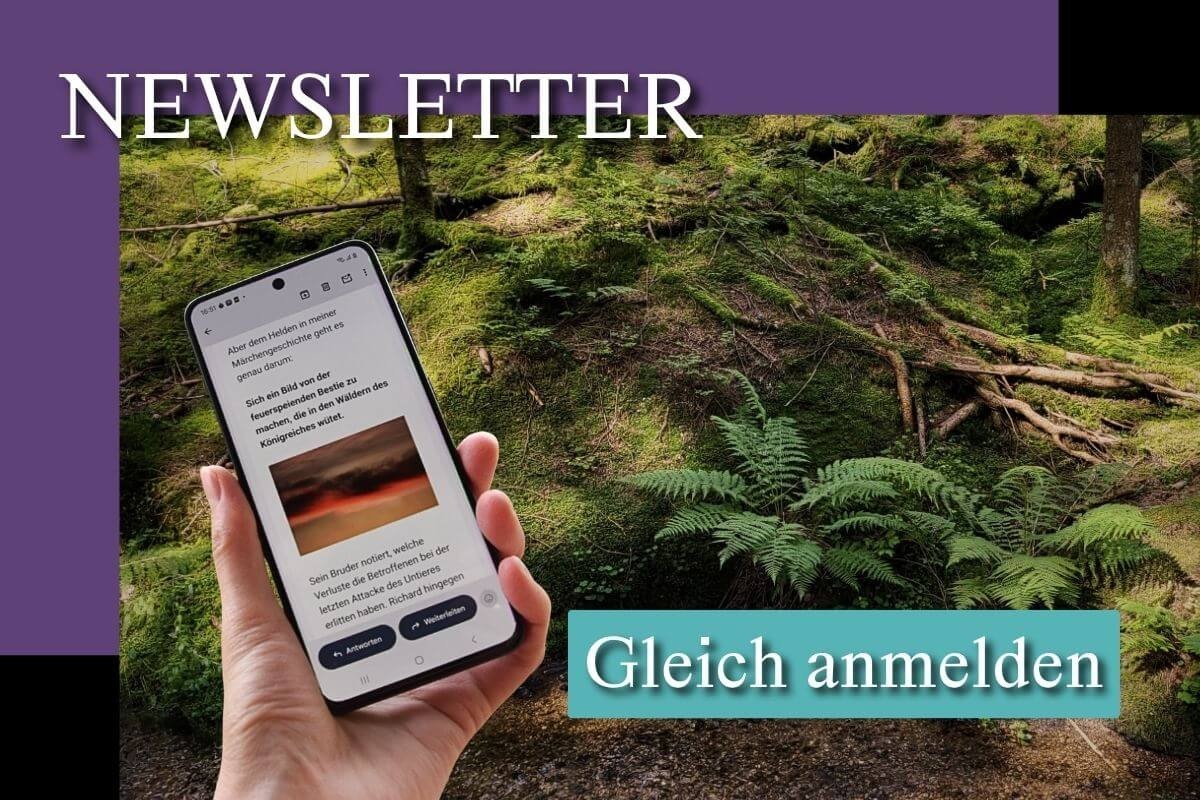 Ein Fantasy-Newsletter auf dem Handy vor einem mystischen Wald-Hintergrund.