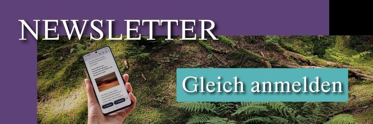 Ein Fantasy-Newsletter auf dem Handy vor einem mystischen Wald-Hintergrund.
